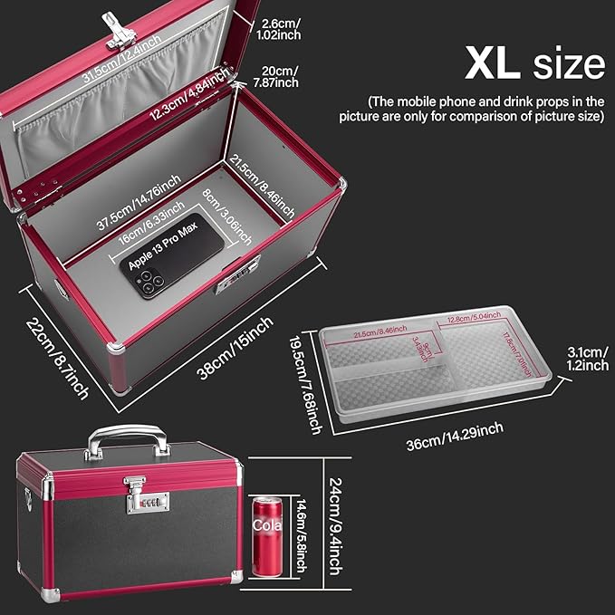 Medicine Lock Box with Combination Lock - 15 x 8.7 x 9.4 Inches - First Aid Safe Medication Storage Box, Medications and Personal Items, Safe Boxes for Home and Outdoor - Black Red Black