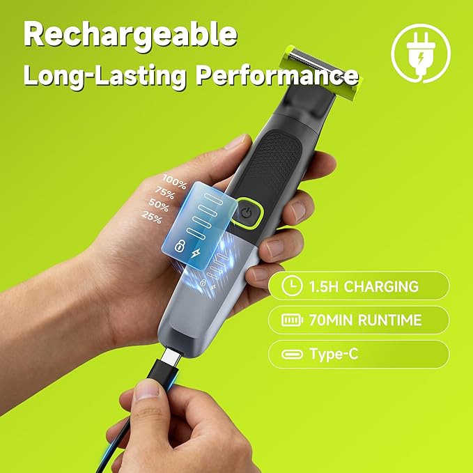 Body Hair Trimmer for Men, Electric Groin & Pubic Hair Trimmer, Painless Body Shaver for Chest, Legs, Bikini, Waterproof Wet/Dry, USB-C Rechargeable, Self-Sharpening Blades, 6 Guide Combs