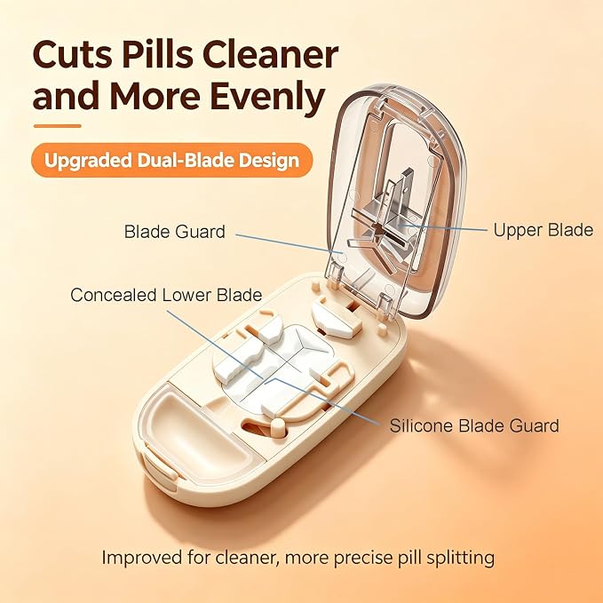 Pill Cutter for Small Tiny and Large Pills, Dual Blade Pill Splitter for Clean and Precise Cuts into 1/2, 1/3, 1/4, with Centering Device, Storage Organizer, Portable & Easy-Grip Design