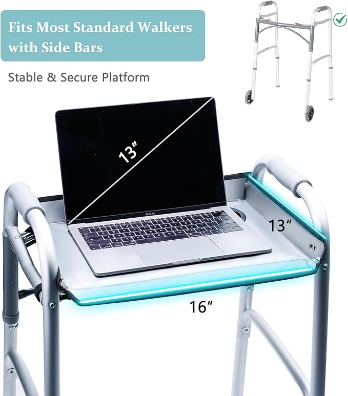 BAGSFY Walker Tray with Cup Holder – Hard Top Walker Accessory for Seniors – Folding Walker Table for Meals, Reading, Drinks – Non-Slip, Easy Install, Universal Fit