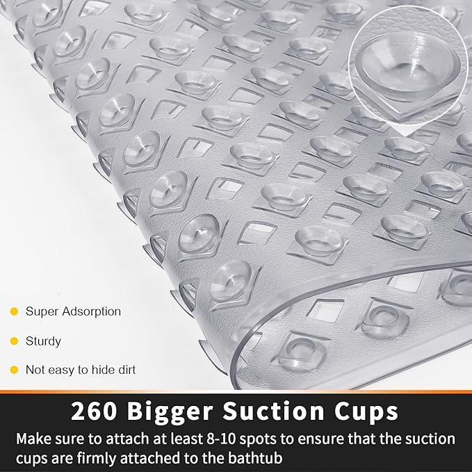 Yimobra Bathtub Mat Non Slip, Super Strong Suction Cups, 27.5"x15.5" Long Shower Mat with Drain Holes, Machine Washable Fast Draining Bath Mats, Bathroom Essentials,Clear Gray