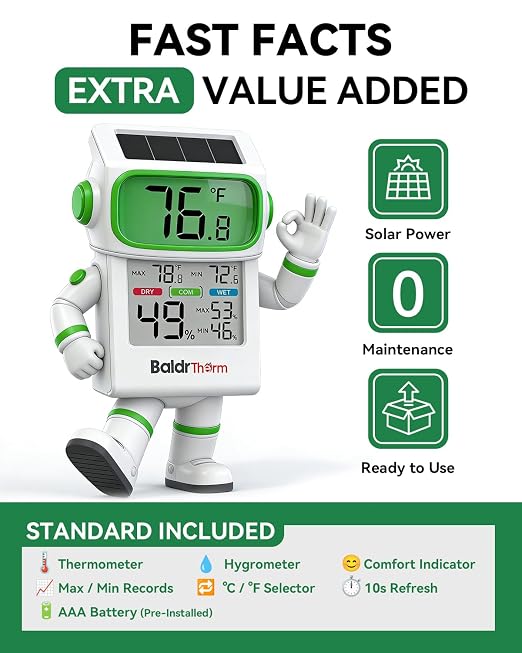 BALDR Indoor Thermometer Hygrometer, Solar Power with Battery Backup, Large Display, Daily Max/Min & Comfort Indicator Humidity Meter (White)