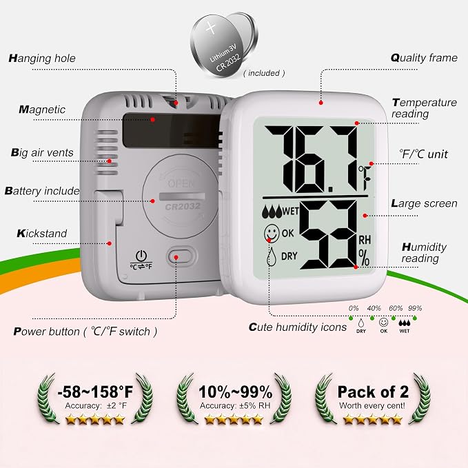 2 Pack Room Thermometer Indoor Hygrometer | Monitor Temperature & Humidity, Accurate, Fast Read, Easy To View, Magnetic/Kickstand/Hanging, ℉/℃, w/ Battery, Compact