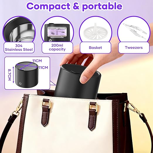 Ultrasonic Retainer Cleaner Machine, 50kHz Dental Cleaning Pod for Braces, Dentures, Aligners, Invisalign, Mouth Guards, 200ML with 3 Modes, Professional Oral Appliance Jewelry Cleaner, Black