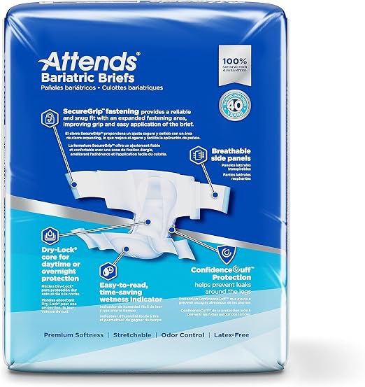 Attends Bariatric Disposable Briefs, 4X-Large, up to 106” Waist with Tab Closures, Ultimate Absorbency and Leakage Protection, 32ct Case