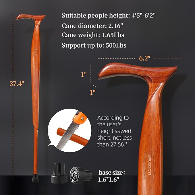 Wooden Walking Cane for Men and Women -Natural Solid Wood, 3 Rubber Tips, Heavy Duty, with Travel Bag- Wooden Walking Stick, Ergonomic Canes for Seniors Unisex Walking Canes