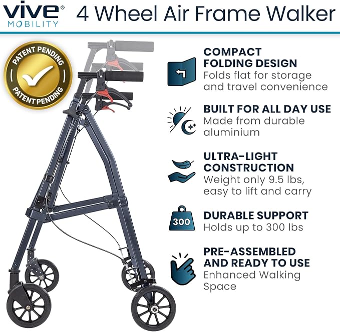 Vive Mobility Lightweight Walker for Seniors - Narrow, Folding Walker | W/Wheels for Small & Tight Spaces - Light Weight for Balance, Compact Doorways, Foldable - Portable & Collapsible for Travel