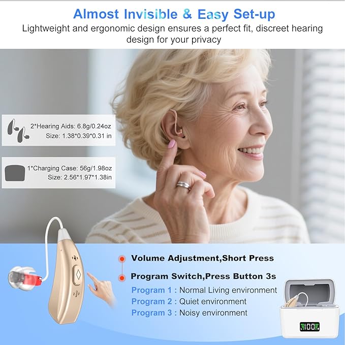 Rechargeable Hearing Aids, 16-Channel Digital OTC Hearing Aid for Seniors with Noise Cancelling and Volume Control, Amplifier for Adults Mild to Moderate Hear Loss, Portable Behind-the-Ear Aid