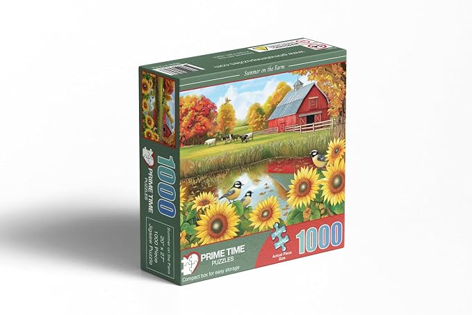 Adult Jigsaw Puzzle 1000 Piece Farm Scene | Features sunflowers, birds, and cows at a country barn. Challenging. Great for game nights on a table, puzzleboard, or floor.