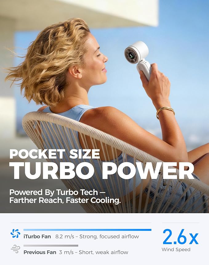 Diveblues Mini Portable Handheld Turbo Fan 27ft/s, 4000mAh Battery | 12H Max Cooling, 5 Speeds, LED Display, Quiet Motor, 3-in-1 Handheld/Neck/Desk Fan for Travel, Cruise & Disney Essentials