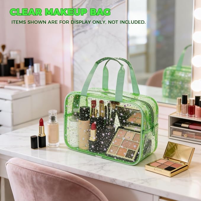 Large Clear Makeup Bag 12x5x8 Green Star Pattern - Waterproof PVC Travel Cosmetic Organizer with Handle, Durable Transparent Toiletry Case for Women Girls Travel Gym Beach Storage