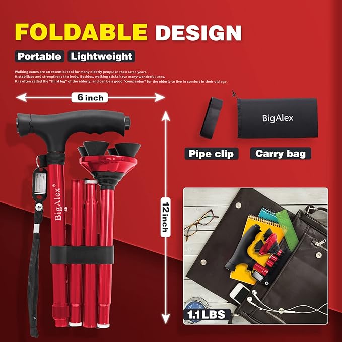 BigAlex Folding Walking Cane with LED Light,Pivoting Quad Base,Adjustable Walking Stick with Carrying Bag for Man/Woman (Alloy Base)