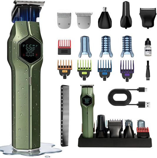 Beard Trimmer for Men, Magnetic Snap-on Replacement Heads & Charging Dock, IPX7 Waterproof Cordless Hair Clippers, Mens Grooming Kits for Mustache/Body/Face/Ear/Nose, Olive Green