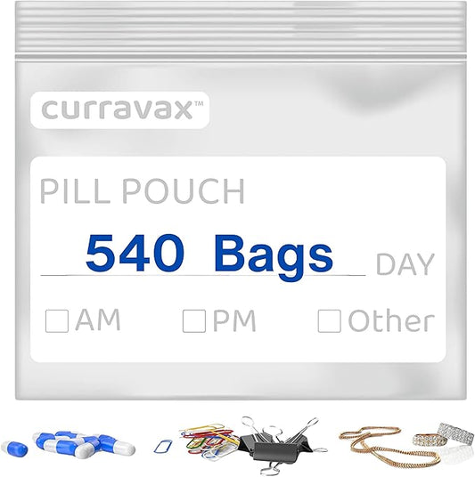 Pill Bags for Travel Pack of 540 - BPA Free 3 x 2.75 inch Pill Pouch - Reusable Pill Pouches for Medicine with Write on Label –Clear Ziplock Pill Baggies for Travel Medicine Organizer