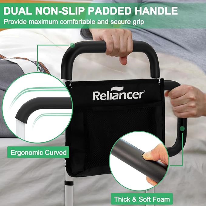 RELIANCER Bed Safety Rail for Elderly Adult w/Side Support Bar&Storage Bag,Dual Handle Assist Grab Bar for Seniors,Adjustable Bedside Support Railing,Bed Side Assist Guard Rail,Bedside Hand Guard Bar