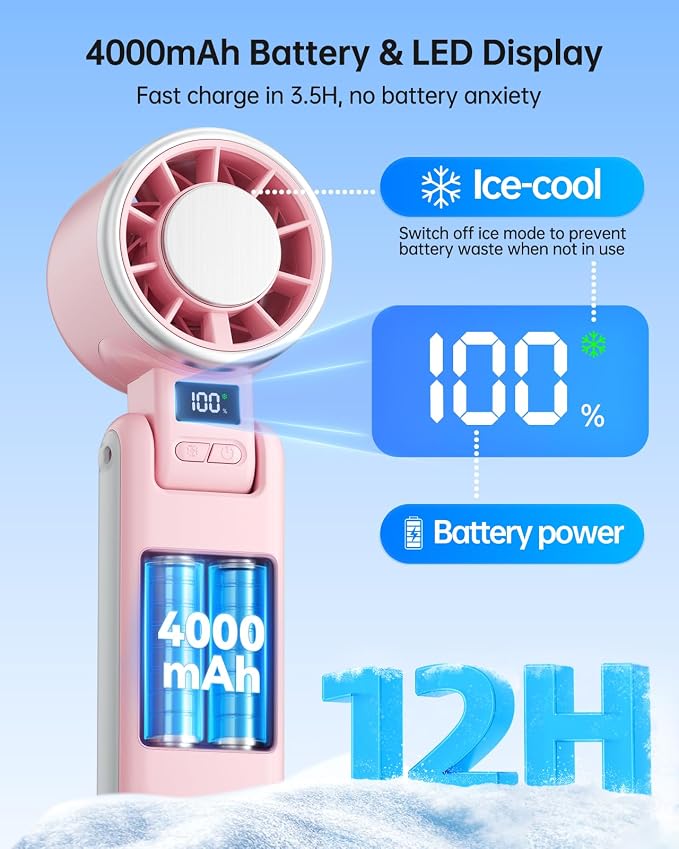 TriPole Portable Handheld Turbo Fan with Ice Cooling, 5 Speed Battery Rechargeable Foldable 3 in 1 Mini Fan, Neck & Desk Fan, Quiet Personal Fans for Outdoor, Travel, Camping, Hiking, Working