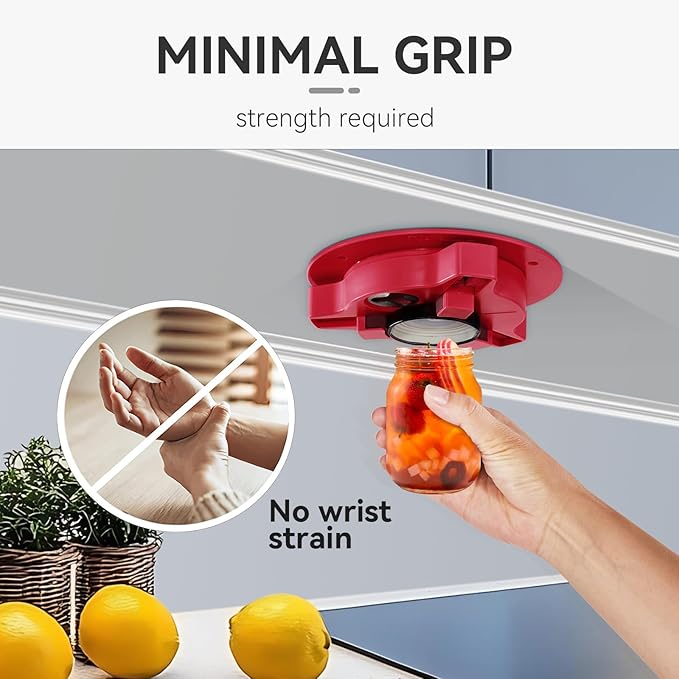 Jar Opener Bottle Opener for Seniors with Arthritis - Under Cabinet Jar Opener for Weak Hands, Rotary Lid Opener, Easy Twist-Off Lids for Jars & Bottles, Original Kitchen Gadgets (Red)