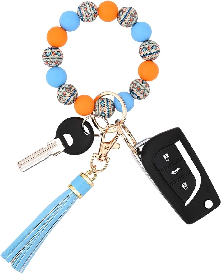BAOSIWA Silicone Beaded Bracelet Keychain Wristlet Key Ring Bangle Chains for Women with Leather Tassel