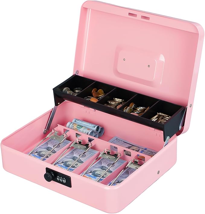 KYODOLED Large Cash Box with Combination Lock, Money Box with Cash Tray, Lock Safe Box with Key, Money Saving Organizer, 11.81Lx 9.45Wx 3.54H Inches, Pink XL Large