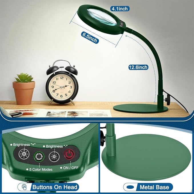 IVMAIE 12X Magnifying Glass with Light, Real Glass Lens, 5 Color Modes Dimmable, Flexible Gooseneck Lighted Magnifier with Stand, LED Desk Lamp Hands Free for Crafts Painting Reading Close Work, Green