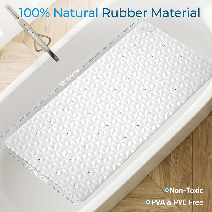 Non Slip Bathtub Mat for Bath Tub Shower Safety - Natural Rubber Mat with Suction Cups ＆ Drain Holes - BPA/PVC Free Large Bathroom Mat - Machine Washable - Unique Diamond Pattern - 17 × 35 Inch