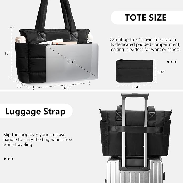 Puffer Tote Bag for Women Quilted Nurse Bag Lightweight Work Bag for Teacher Travel Handbag with Multiple Pockets