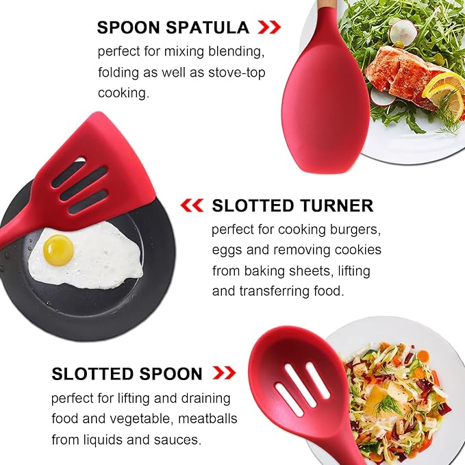 Silicone Cooking Utensils Set 5Pcs Non-Stick Silicone Kitchen Utensils for Cooking, Heat Resistant Kitchen Gadgets Spatula Spoon Turner Set with Wooden Handles for Non-Stick Cookware BPA Free
