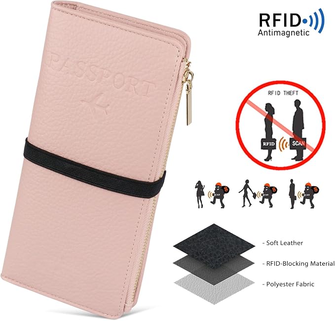 TIGARI Leather Passport Holder, RFID Blocking Wallet for Women, Zipper Pocket Card Slots, Waterproof Travel Accessories (Pink)