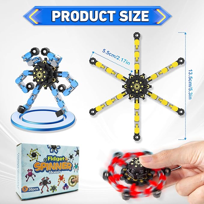 Transformable Fidget Spinners,30PCS Funny Sensory Fidget Toys Adults Deformable Chain DIY Robot Spinner,Fingertip Stress Relief Gyro Toy Halloween Party Favors Christmas Stocking Stuffers for Kids