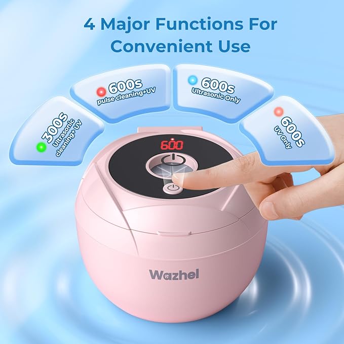 Ultrasonic Retainer Cleaner Machine, 45kHz Dental Cleaning Pod for Denture, Mouth Guard, Night Guard, Aligner, Braces, Toothbrush, 200ML Denture Cleaner with Digital Timer & 4 Modes, Pink