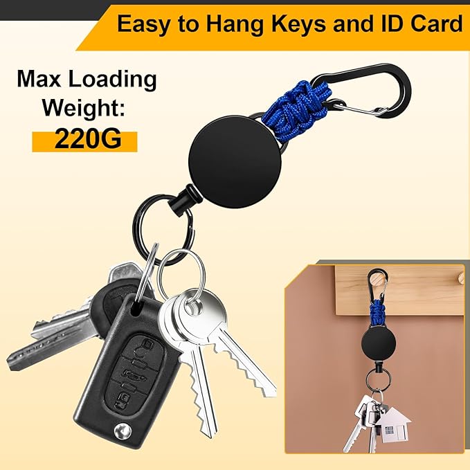 Retractable Keychain 4 Pieces Heavy Duty Carabiner Badge Holder Retractable Badge Reel ID Holder Extendable Key Ring Key Holder with 23.6” Steel Cord and Paracord(Black + Beige + Blue + Orange)