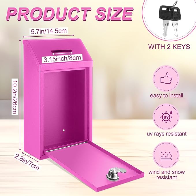 Yaocom Metal Money Box,Rose Red,10.24 x 5.71 x 2.95 Inch,No Lid | Wall Mounted Drop Donation Cash Box for Farm Stand Collection Safe Suggestion Box with Lock Container for Home Office Outdoor