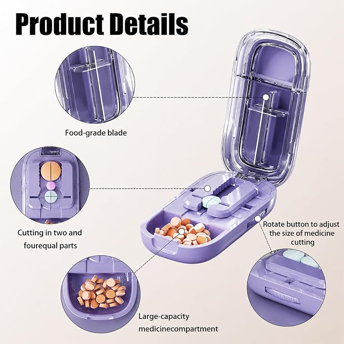 Pill Cutter Splitter for Small and Tiny Pills - Adjustable Pill Splitter with Centering Device for Cutting Multiple Pills, Accurate Alignment and Easy to Use, Storage Organizer (Purple)