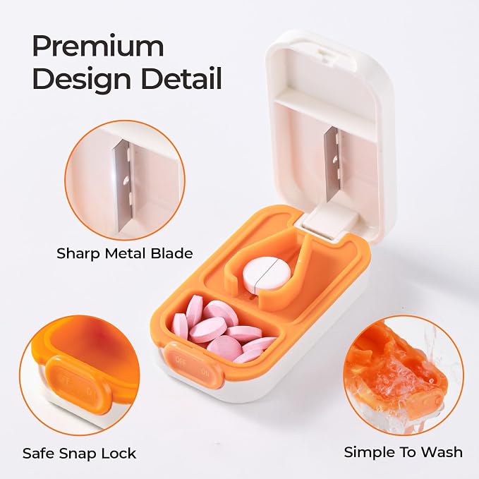 Portable Pill Cutter for Small & Large Pills - Precise Pill Splitter for Tiny Tablets, Vitamins & Capsules - Compact Design for Purse, Pocket & Travel - Sharp Blade & Easy Clean (White)