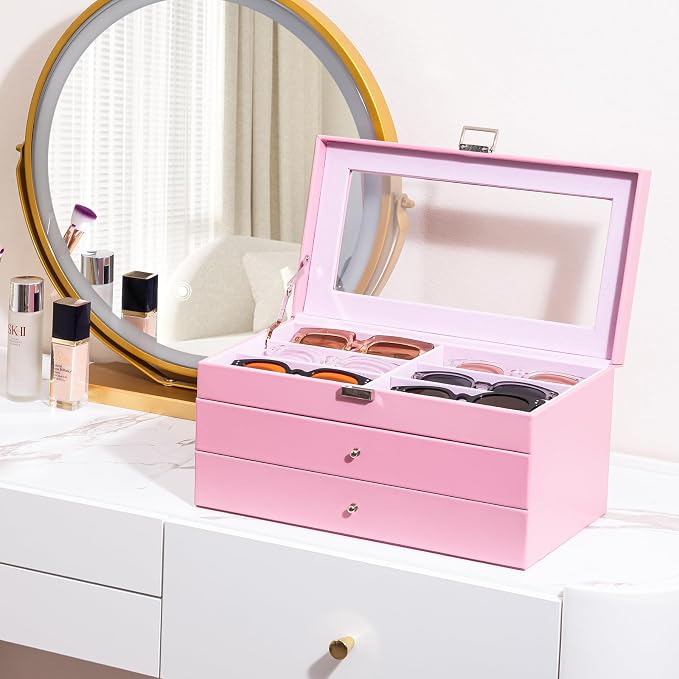 ProCase 3-layer Sunglasses Storage Organizer, 18 Slots Leather Sunglass Box Multiple Pairs Eyeglass Cases Eye Glass Eyewear Display Holder for Men Women -Pink