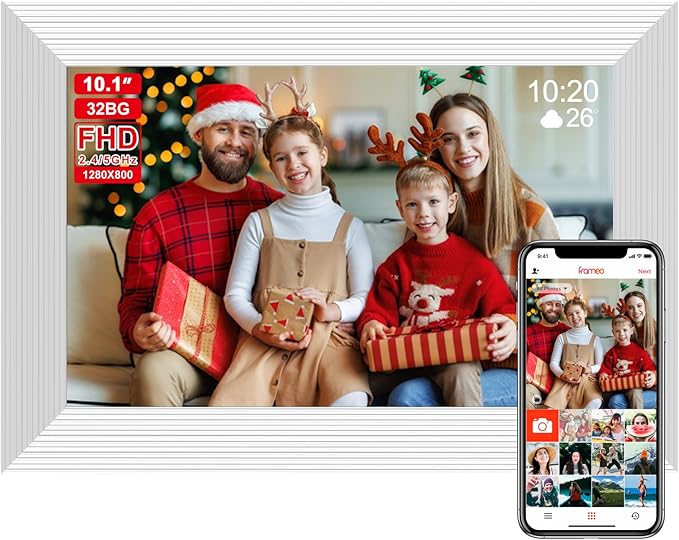 Frameo White 10.1 Inch Smart WiFi Digital Photo Frame,Digital Picture Frame Wi-Fi with 32GB Storage & SD Slot, Electronic Picture Frame IPS Touch Screen with Auto-Rotate, Gifts for Mom, House Warming