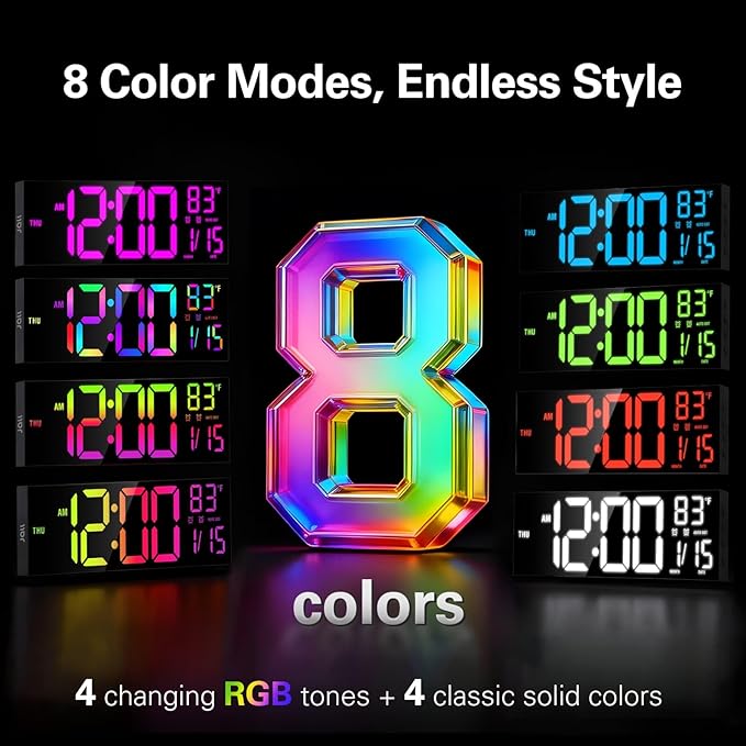 JALL 16" Large Digital Wall Mount Clock, Count Down Timer, Alarm, Big LED, RGB Color, DST, Temperature for Living Room Classroom Desk, Xmas, Birthday Gift for Senior Mom Dad (Black, 16 inches)