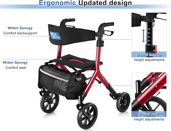 WALK MATE Rollator Walker for Seniors Taller 5.3~7ft with Height-Adjustable Seat, 10 Inch Wheels Wire-Hidden Walkers Compact Folding Design Lightweight Mobility Walking Aid Widen Backrest, Red