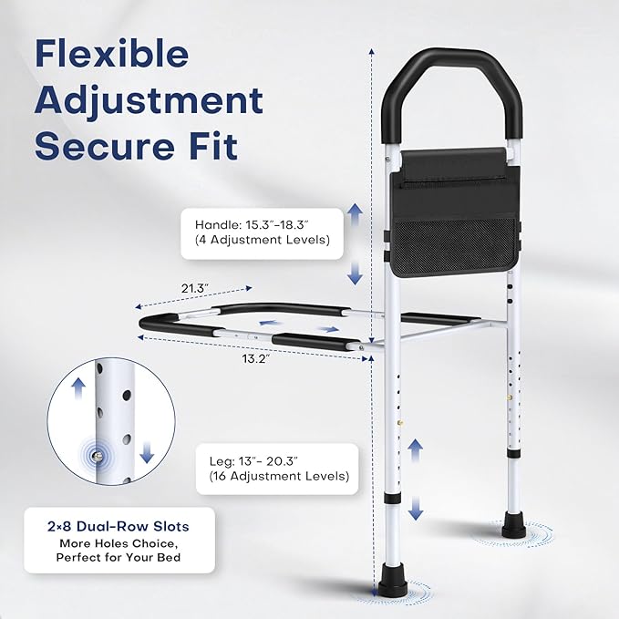 Bed Rails for Elderly Adults Safety - ASTM Approved Bed Side Rail for Seniors with Support Leg,Two-side Storage Bag, Non-Slip Bed Assist Cane Guard,Adjustable Bedrails for King,Queen,Full,Twins