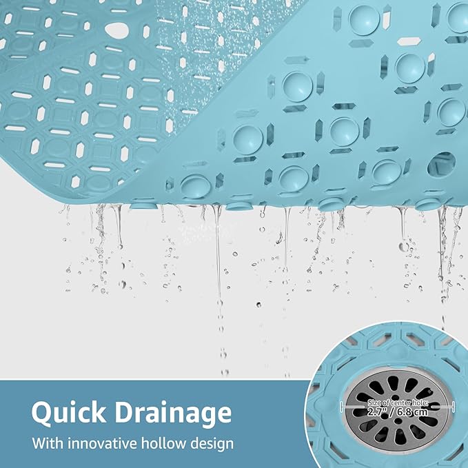 Yolife Square Shower Mat, 27" x 27" Shower Mat with Drain Hole in Middle, Soft TPE Extra Large Non Slip Shower Mats for Inside Shower, Anti Slip Washable Shower Floor Mat with Suction Cups, Blue