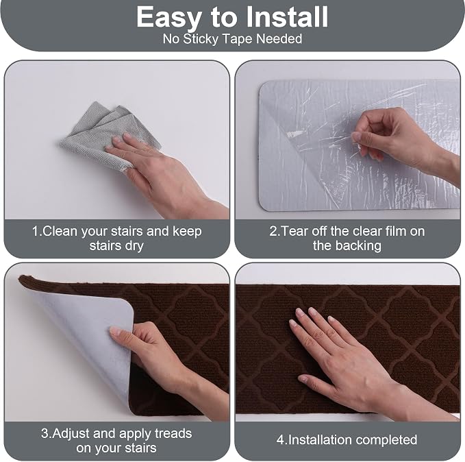 7 PCS Non Slip Stair Treads for Wooden Steps – 8"x30" Indoor Non Slip Stair Treads, Carpet Stair Mats with Self-Adhesive Backing, Removable & Machine Washable – Brown Pattern
