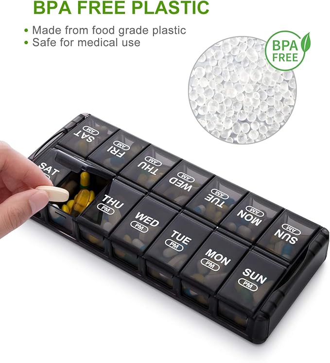 Sukuos Weekly Pill Organizer 7 Day 2 Times a Day, Quick Fill Daily Pill Box (AM PM), Extra Large Pill Cases for Vitamin/Fish Oil/Supplements, Arthritis Friendly, Easy to Clean
