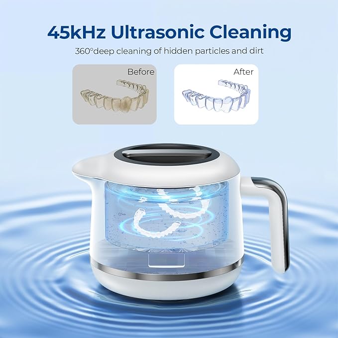 Ultrasonic Retainer Cleaner Machine - 45kHz Ultrasonic Cleaner - 200ML Mouth Guard & Denture Cleaner Pod & Jewelry - 5 Modes with Digital Timer - Upgrade Water Bottle Design, Porcelain White