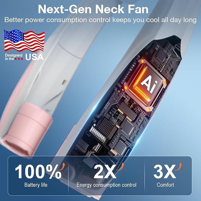 Hionly AI Neck Fan, 6 Speeds Adjustable Portable Personal Fan Rechargeable, 6000 mAh Battery Faster Cooling Wearable, Ultra Quiet for Home, Office, Travel, Outdoor