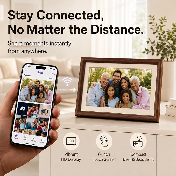 8” WiFi Digital Picture Frame – 100% Real Wood Frame, HD Touchscreen, 16GB Storage, MicroSD/USB-C, Auto-Rotate, App Sharing, Electric Picture Frame Slideshow, Desk & Family Use, Moms Birthday Gifts
