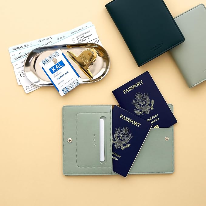 Premium RFID Blocking Leather Passport Holder & Wallet – Mint Grey | Family Travel Document Organizer – for 2 Passports, Cards, Boarding Passes & Travel Essentials