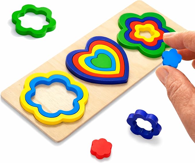 15 Pieces Cognitive Toys for Dementia, Activities for Seniors, Large Wooden Dementia Games for Parkinson Patients, Easy Geometric Alzheimer Puzzles for Elderly, Shape Pattern Matching Board Gifts