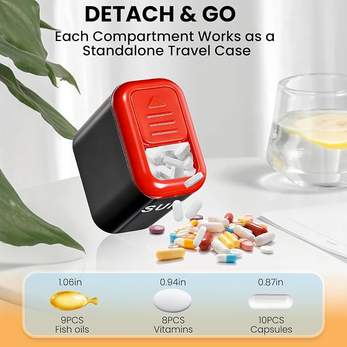 Weekly Pill Organizer with Taken/Untaken Tracker, 7 Day Daily Pill Box for Vitamins Medication Supplements, Large Compartments, Easy Open Leak-Proof Portable Travel Pill Container, BPA Free,Black