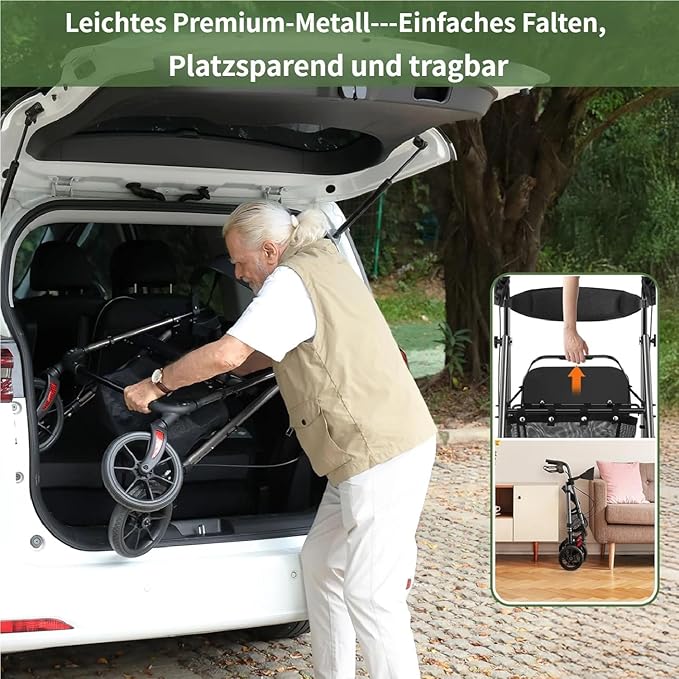 WALK MATE Walkers for Seniors, 4 x10 Inch Big Wheels Rollator Walker with Seat 350lb Weight Capacity Foldable All Terrain Rolling Walker, Lightweight Mobility Aid with Adjustable Height, Grey