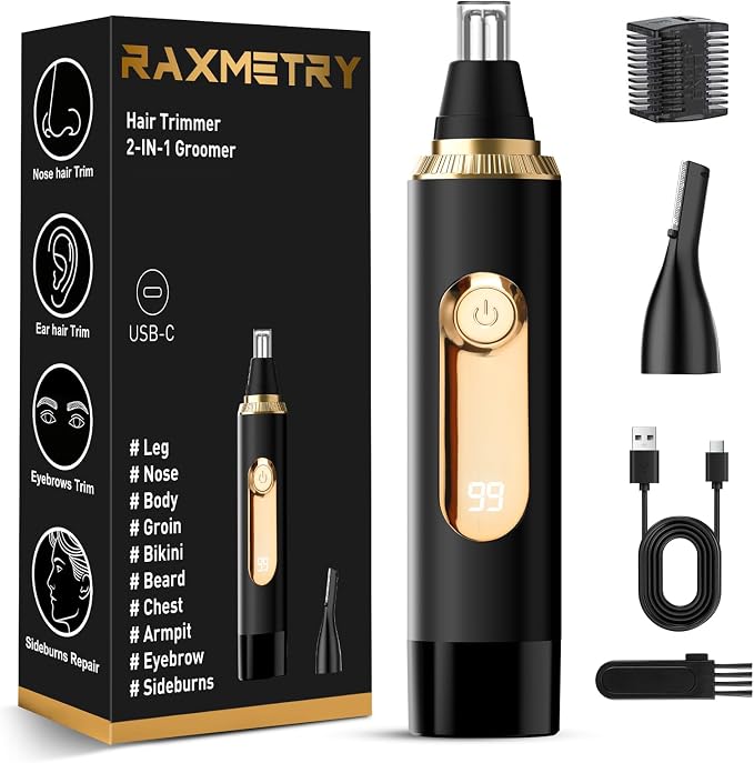Nose Hair Trimmer for Men and Women,2026 Professional Painless IPX7 Waterproof Eyebrow & Facial Hair Trimmer,USB Rechargeable with LED Display Dual-Edge Blades for Smoother Cutting,BlackGold